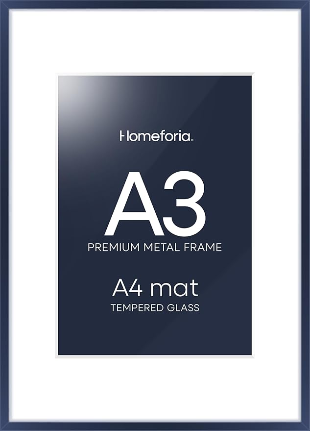 Homeforia A3 Picture Frame Navy Blue, High End Metal 11.7 x 16.5 inch Poster Frames with Mat 8.3 by 11.7 for Photo, A3 Size Frames Matted to A4 Print, 11.7x16.5 Hanging Frame, Tempered Glass, Set of 1