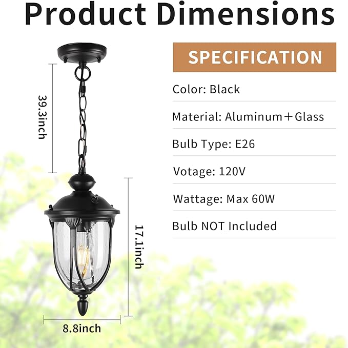 JYZ Vintage Dusk to Dawn Outdoor Hanging Lantern, 17 Inch Rustic Exterior Pendant Light Fixture with Seeded Glass, Antique Black Ceiling Mount Chandelier for Porch, Patio, Gazebo, Entryway JYOPL04-L