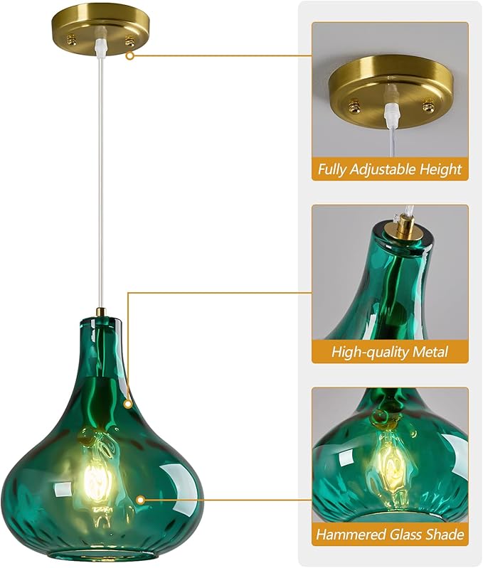 Modern Glass Pendant Light 9.44 in Green Hammered Glass Shade Gold Farmhouse Island Pendant Lights for Kitchen Pendant Lighting Over Sink Bedroom Dining Room