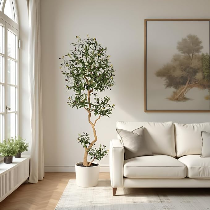 Fake Olive Tree 6.8 Feet – Artificial Plants Indoor, Faux Olive Tree, Fake Tree for Home Decor, Faux Trees Indoor for Living Room, Office, Bedroom – Tall Artificial Trees for Home, Designer Tree