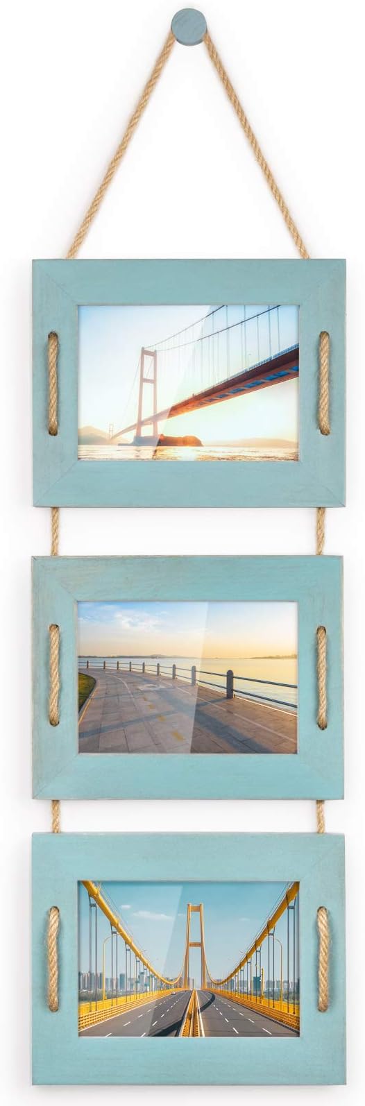 DLQuarts 5x7 Hanging Picture Frames Collage Wall Decor, 3-Opening Photo Frames 5x7 without Mat & 3.5x5 with Mat, Rustic Wood 3 Photo Frames, Ocean Blue