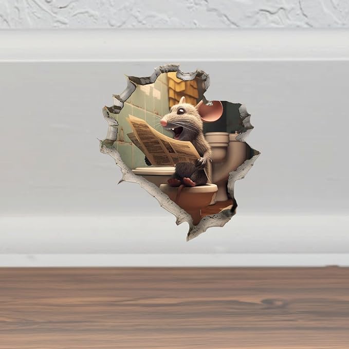 Mouse On Toilet Hole in Wall Sticker - Funny Hole in Wall 3D Prank Peel and Stick Sticker Decal - Premium Quality Vinyl Bumper Stickers 2-Pack | 5-Inch on Widest Side | Made in USA FHJ1395