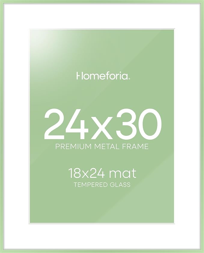 Homeforia 24x30 Frame Sage Green, High End Metal 24x30 Picture Frames with Mat 18x24 Photo, 24 x 30 Sage Green Poster Frame Matted to 18 by 24 Art, 30x24 Thin Frame, Tempered Glass, Wall Kit, Set of 1