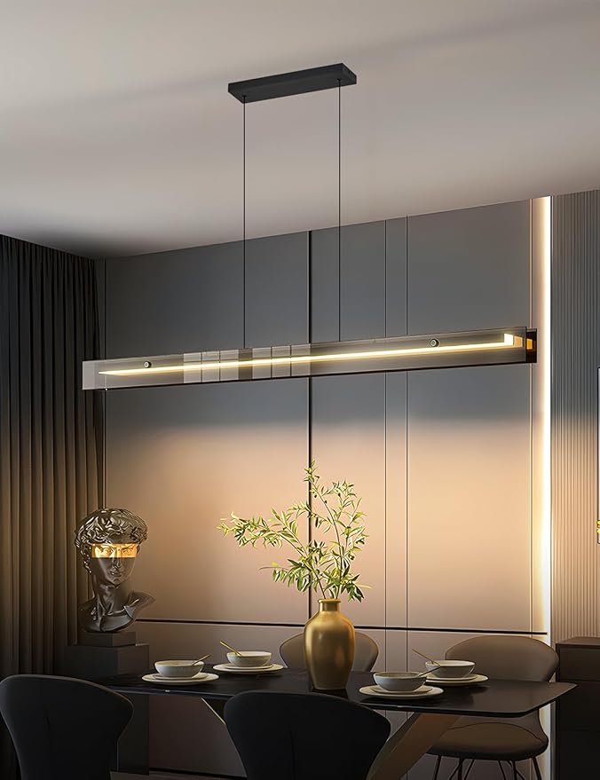 Glass Modern Black Linear Pendant Light - LED Hanging Kitchen Island Lights, Adjustable Dimmable Ceiling Fixtures, Minimalist Chandelier for Dining Room, Bar (63")