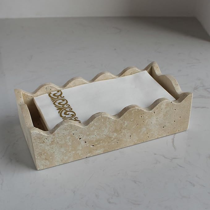 Natural Travertine Guest Towel Holder 9.8" × 4.9" for Bathroom, Rectangular Napkin Holder with Scalloped Edge, Tissue Hand Towel Tray for Dinner Table, Countertop Bathroom Vanity