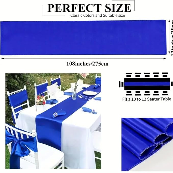 2 Pack Royal Blue Table Runners, Satin Table Runner 12x108 Inches Long, Silk and Smooth Fabric Table Runner for Wedding, Parties, Banquets, Events Decoration