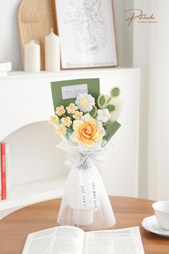 Hand-Woven Flower Bouquet Finished（1pcs） for Valentine's Day Girlfriend Birthday Gift Wedding Decoration Crochet Artificial Flower, Bouquet Gift (Yellow)
