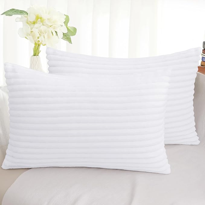 Simmore Decorative Christmas Throw Pillow Covers 12x20 Set of 2, Soft Natural Plush Flannel Double-Sided Fluffy Lumbar Pillow Covers for Couch Sofa Living Room, White