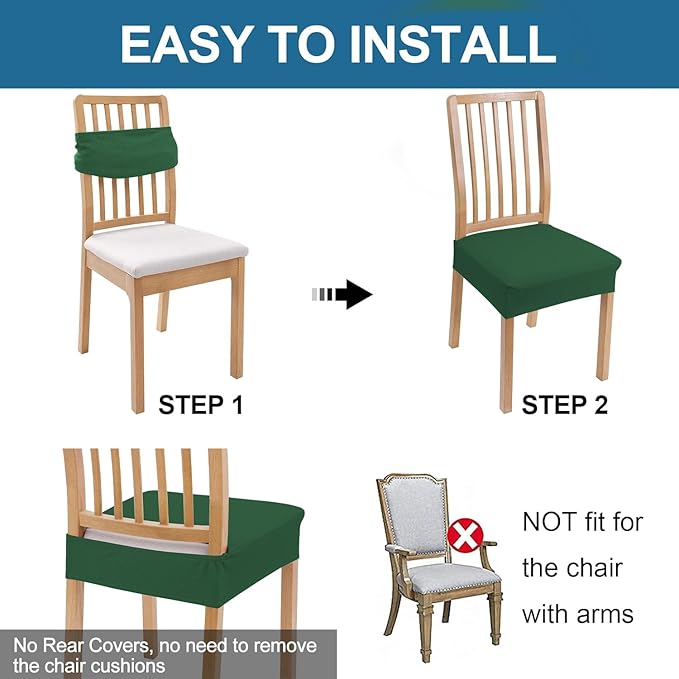 Smiry Waterproof Seat Covers for Dining Room Chairs Set of 4, Stretch Jacquard Removable Washable Chair Seat Slipcovers Protector, No Rear Covers, Emerald Green