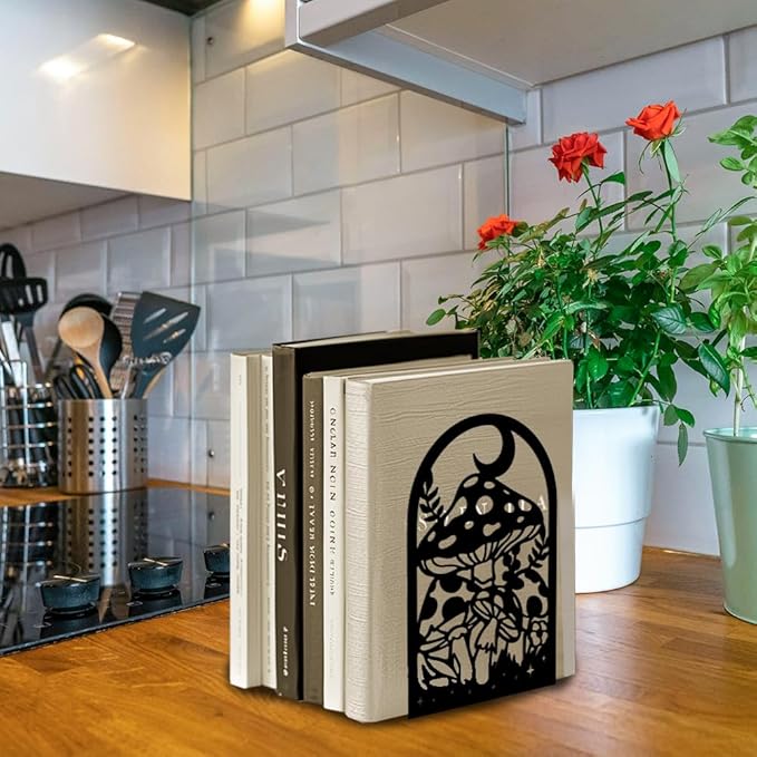 Peacoblue Metal Bookends for Shelves, Modern Decorative Heavy Duty Study Book Support Stoppers for Office, Desk, Shelf, Room 5.3"x4.3"x7.9" Cast Iron Simple Bookends, 1 Pair (Bohemia and Mushroom)