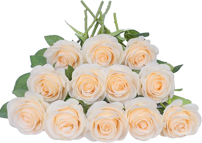 Artificial Rose Flower Artificial Flowers Flower with Long Stem Silk Roses Bouquet for Wedding Bridal Shower Party Home Decoration (Champagne, 50 Pcs)