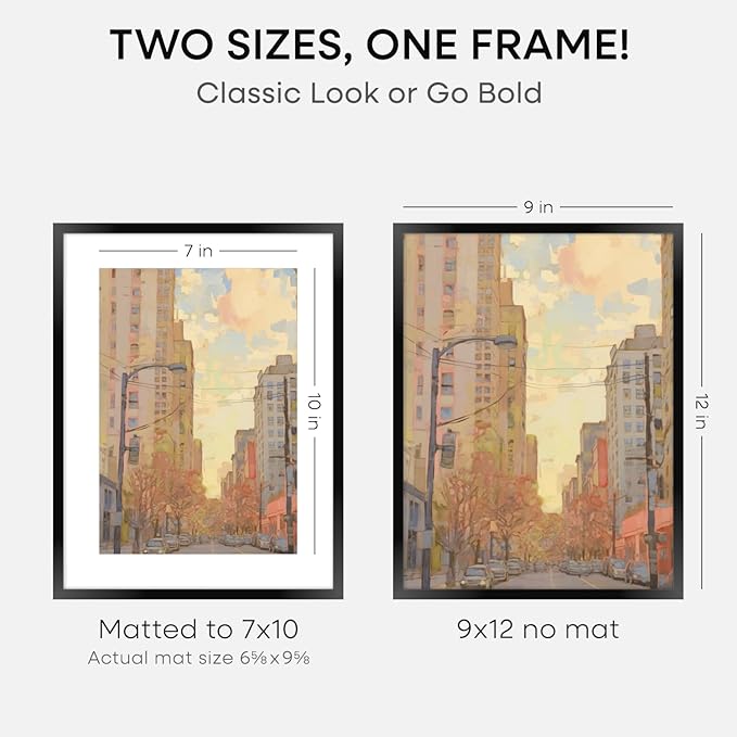 Homeforia 9x12 Picture Frame Black, High End Metal 9 x 12 Poster Frames with Mat 7 by 10 inch Photo, 9by12 Frame Matted to 7x10 in Art, 12x9 Wall or Tabletop Frames, Tempered Glass, Wall Kit, Set of 4