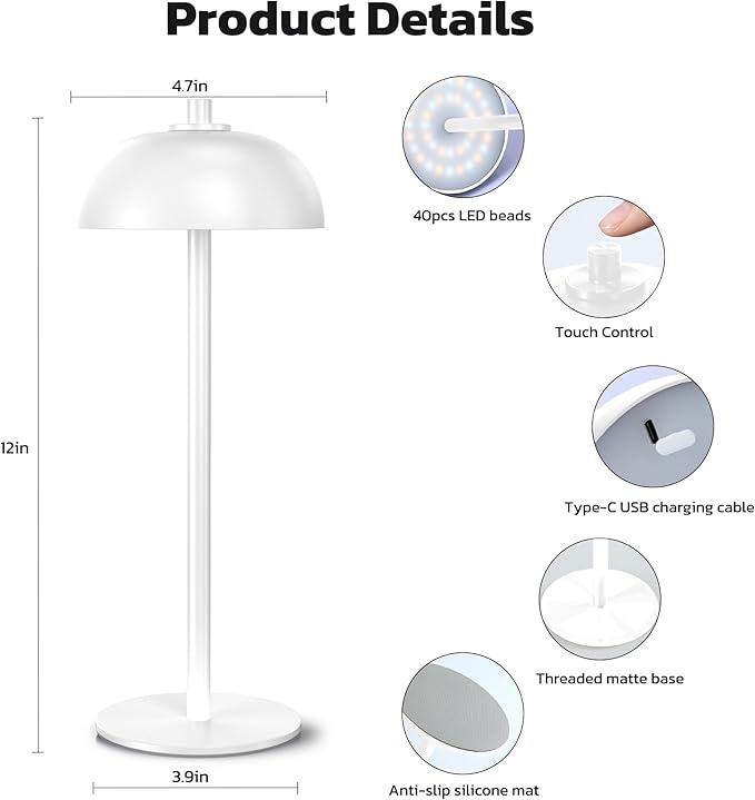 2 Pack Cordless Table Lamp, 5000mAh Portable Rechargeable Table Lamp, 3 Color Modes Stepless Dimming Table Light with Memory Function, for Dinner, Patio, Home, Restaurant.(White)