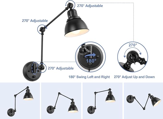 1 Pack Plug in Wall Sconce, Dimmable On Off Switch, Swing Arm Wall Lamp, Black Metal Industrial, Plug in Wall Light (Black, Without Bulb+Remote)