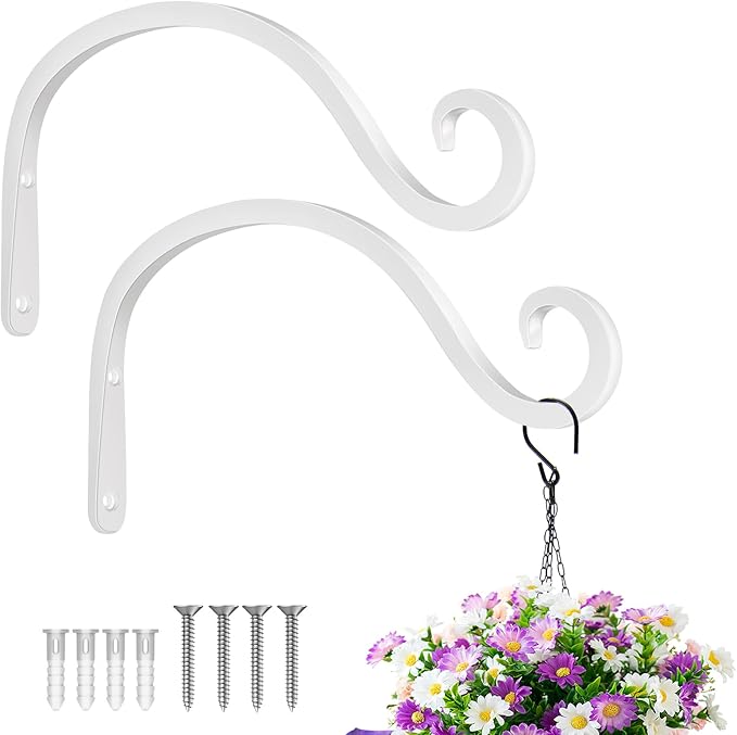 BOLITE Plant Hangers Outdoor Indoor, 8 Inch Wall Plant Hooks, Metal Bird Feeder Hanger for Hummingbird Feeders, Planters, Lanterns, Wind Chimes, Home Decor, 2 Pack, White, Gifts for Women Men