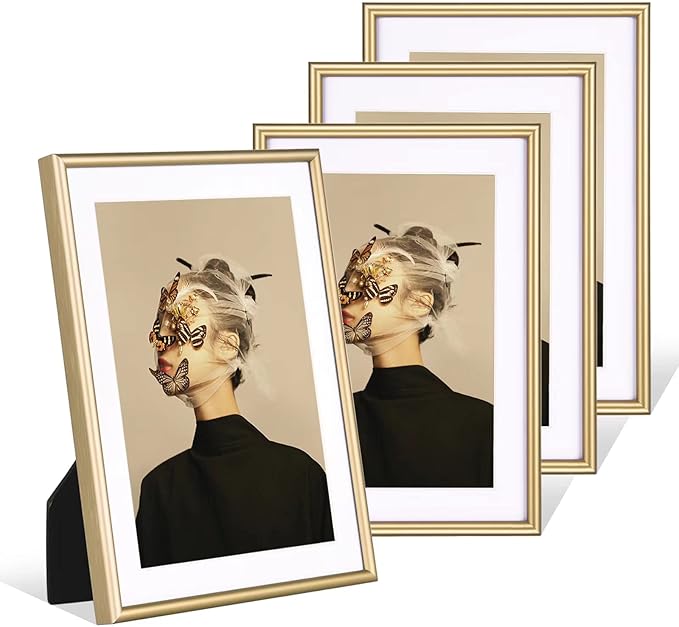 5x7 Picture Frame Set of 4, Matted Brass Simple Modern Brushed Thin Aluminum Metal Photo Frame Fits 3x5 and 4x6 with Mat or 5 x 7 without Mat . Vertical and Horizontal for Tabletop and Wall
