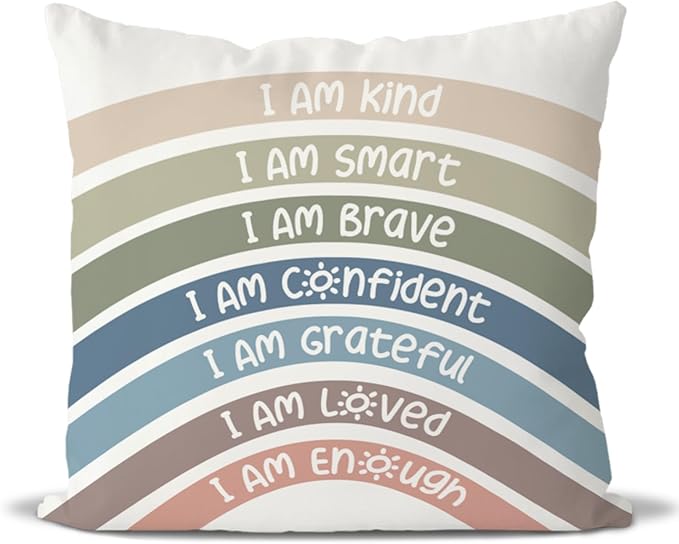 QIYUHOY Boho Rainbow Classroom Throw Pillow Covers, Book Center Calming Corner Playroom Decor Pillow Case, Reseda Pillow Cover, I Am Kind Smart Brave Confidence 18x18 Inch Pillowcase(reseda)