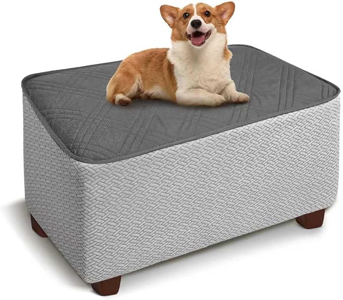 MEHIDFY Ottoman Cover, Waterproof Square Stool Slipcover, Quilted Stretch Furniture Protector, 28-32 Inches, Machine Washable (Grey, Medium)