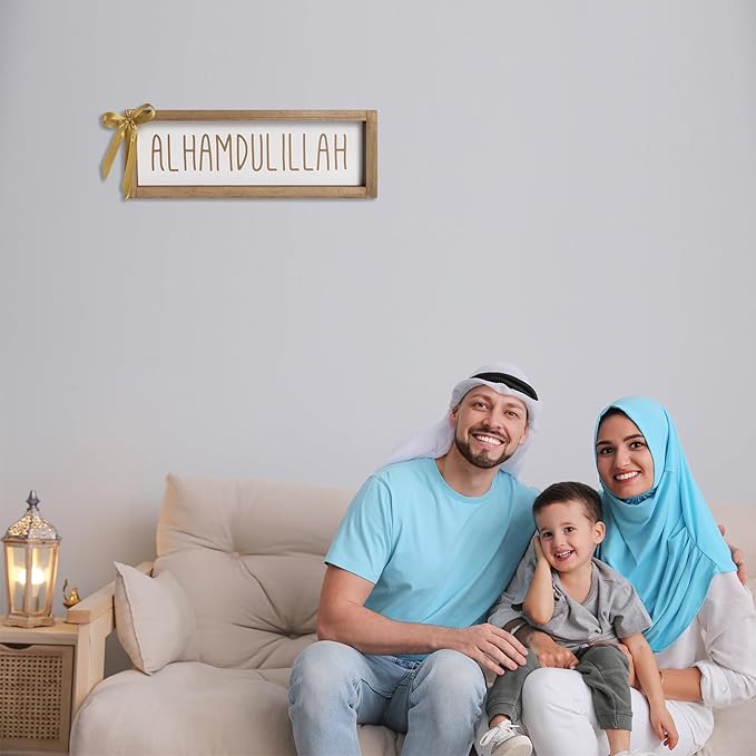 Alhamdulillah Sign, Wooden Ramadan Eid Mubarak Table Decor, Islamic Decorative Signage Wood Plaque Indoor Tabletop Centerpiece Wall Shelf Desk Mantel Rustic Decorations for Home, Muslim Gift