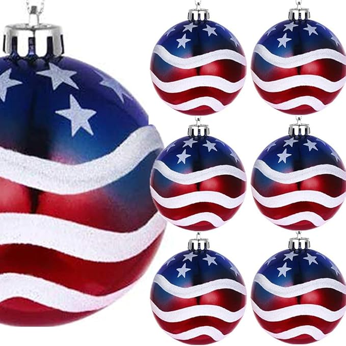 6pcs 3-1/4" (80mm) Patriotic Christmas Ball Ornament, American Flag Hanging Ball, USA Independence Day Fourth of July Ball Party Decor, Holiday Wedding Christmas Tree Decorations
