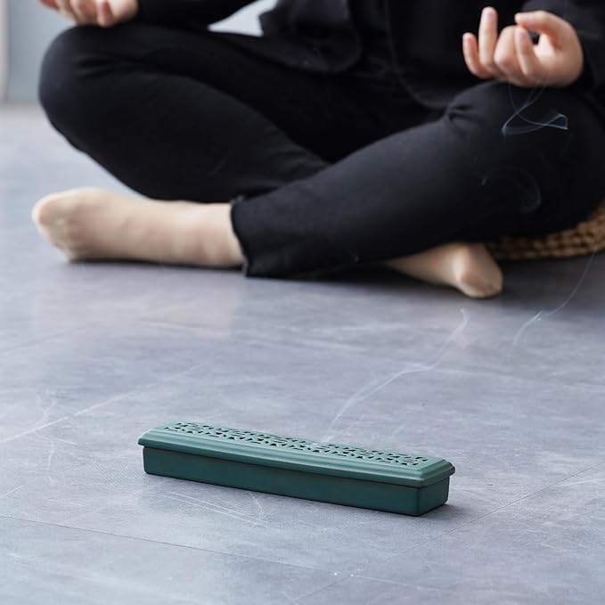 CEREMONY Incense Holder,Ceramic Incense Holder for Sticks with Ash Catcher,Coffin Style Incense Box,Incense Burner for Meditation Yoga Spa Room Decor(Green)