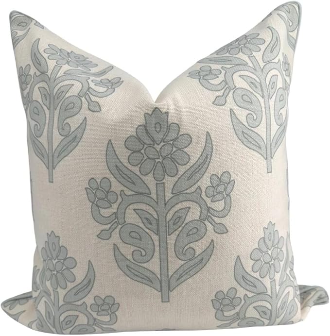 “The Naples” Floral Block Print Pillow Cover – Soft Grey and Off-White Decorative Throw Pillow Cover – Grandmillennial Home Decor, 24" x 24"