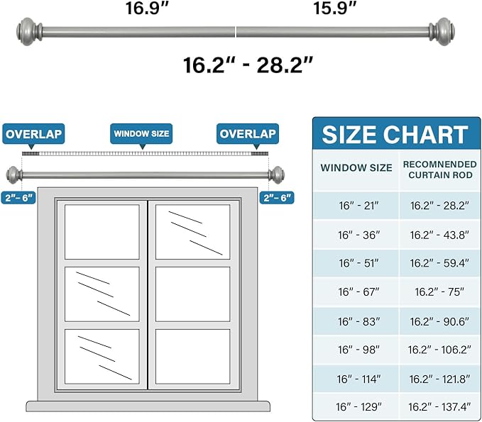 H.VERSAILTEX Curtain Rods for Windows 16.2 to 28.2 Inches 3/4 inch Diameter Adjustable Decorative Telescoping Curtain Rod with Brackets Heavy Duty Splicing Window Rods with Classic Finials, Nickel