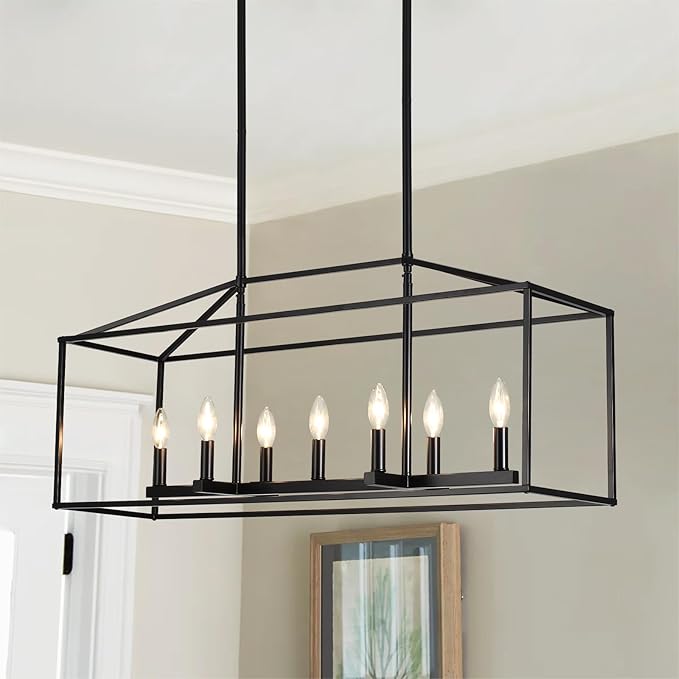 Dining Room Chandelier,7 Light Kitchen Island Light Modern Farmhouse Chandeliers Contemporary Pendant Light Matte Black Finish Rectangle Modern Pendant Light Adjustable Height