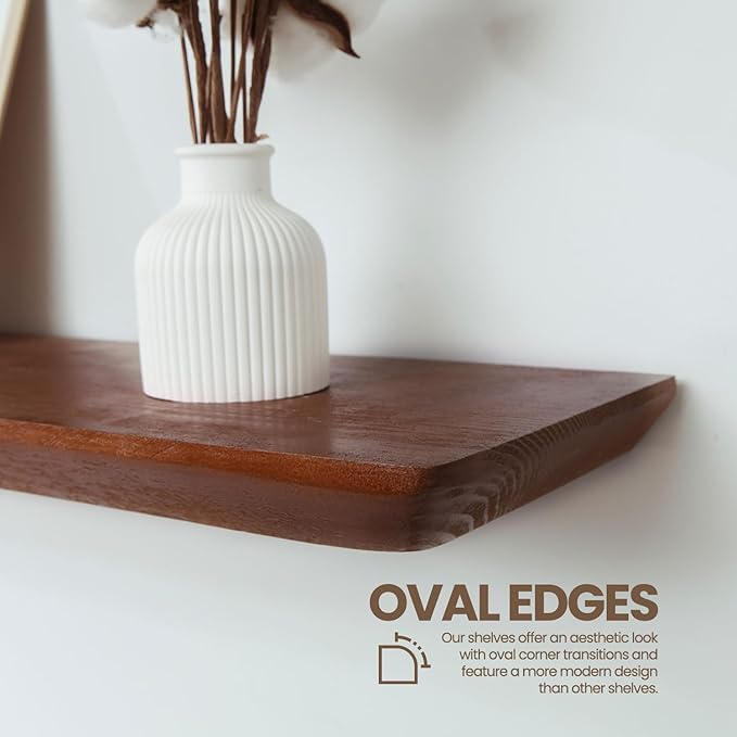 Solid Pine Wood Floating Shelves - Bathroom & Bedroom/Living Room - Set of 2 (Walnut Color) - 36x6.7x1.2 inch