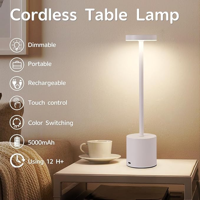 Rechargeable Cordless Table Lamp,Portable Outdoor 5000mAh Battery Operated LED Table Light Touch Control 3 Color Dimmable for Bedroom,Patio,Cofee,Camping,Dining,Restaurant&Livingroom-White