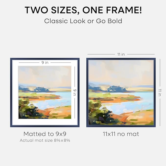 Homeforia 11x11 Navy Blue Picture Frame, High End Metal 11 by 11 Square Frames with Mat 9 x 9 Photo, 11by11 Poster Frame Matted to 9x9 inch Art, Wall Hanging Frames, Tempered Glass, Wall Kit, Set of 2