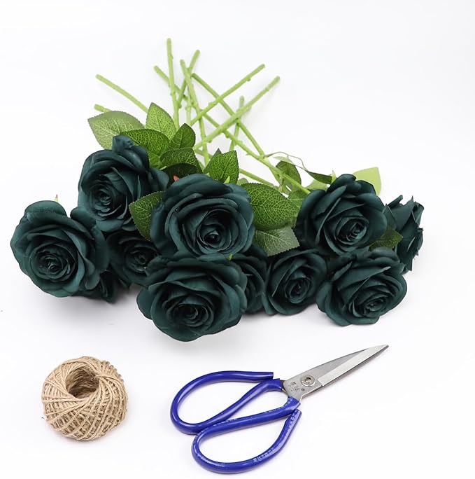 Artificial Rose Flower Artificial Flowers Flower with Long Stem Silk Roses Bouquet for Wedding Bridal Shower Party Home Decoration (Peacock Green, 50 Pcs)