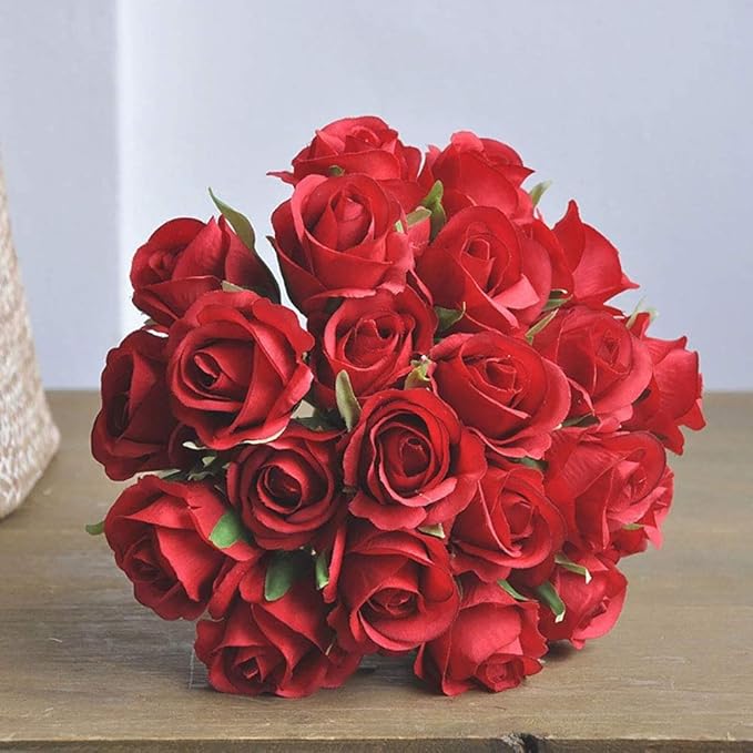 Jasion Artificial Flowers 12pcs Silk Realistic Roses DIY Bouquet for Home Parties Table Centerpieces Bridal Wedding Decoration Without Vase (Spring Red)