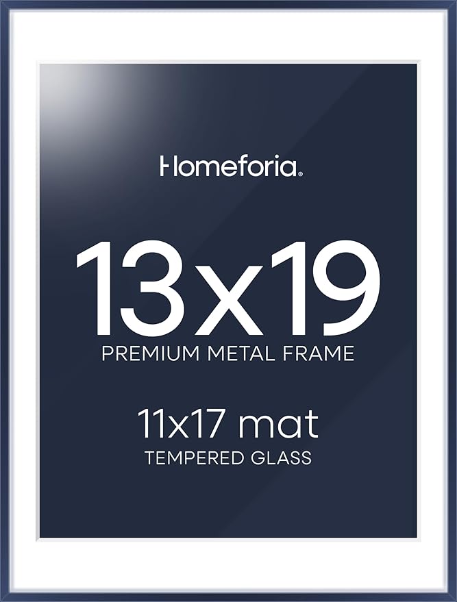 Homeforia 13x19 Picture Frame Navy Blue, High End Metal 13x19 Poster Frames with Mat 11x17 inch Photo, 13 x 19 Navy Blue Frame Matted to 11 by 17 Print, 19x13 Frame, Tempered Glass, Wall Kit, Set of 1