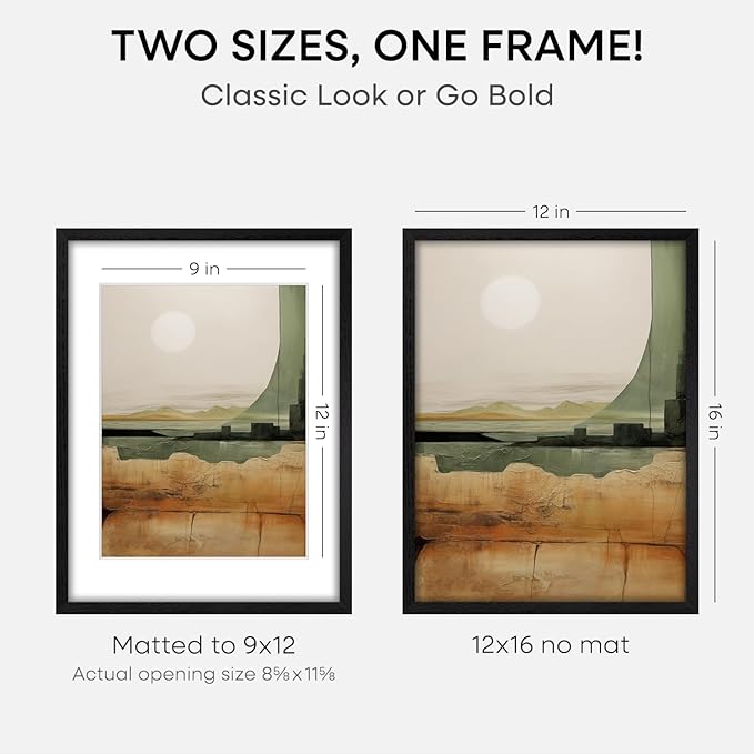 Homeforia 12x16 Black Wood Picture Frame, High End Oak 12x16 Poster Frames with Mat 9x12 Print, 12 x 16 Black Wooden Frame Matted to 9 by 12 Photo, 16x12 Thin Frame, Tempered Glass, Wall Kit, Set of 3