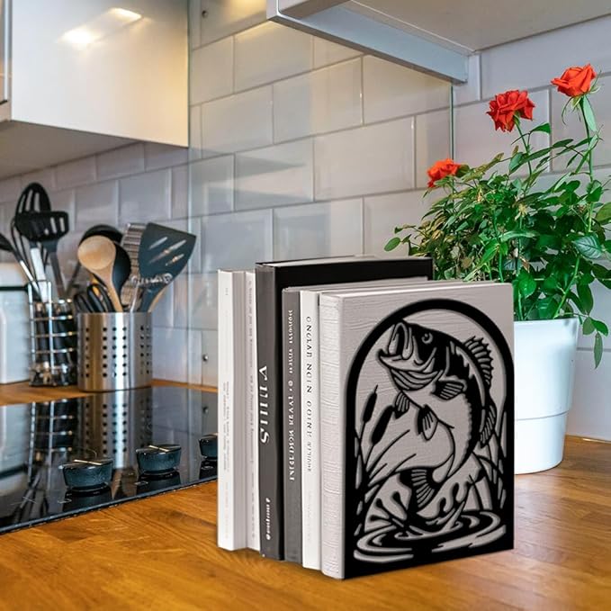 Peacoblue Metal Bookends for Shelves, Modern Decorative Heavy Duty Study Book Ends Stoppers for Office, Desk, Shelf, Room 5.3"x4.3"x7.9" Cast Iron Simple Tall Bookends 1 Pair (Fish)