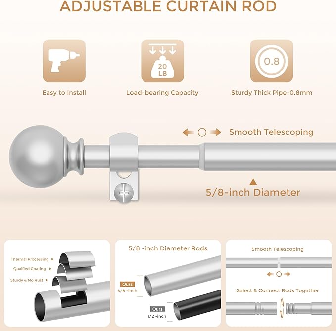 Silver Curtain Rods 18 to 60 Inches(1.5-5 Feet),5/8 inch Splicing Drapery Rods,Small Curtain Rods Set,Size: 18''-60'',Silver