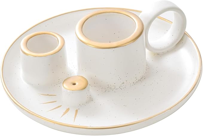 4-in-1 Palo Santo Holder for Burning Sage and Sticks, 5.9-Inch Ceramic Incense Burner and Ash Catcher Tray with Handle for Meditation Home Zen Decor