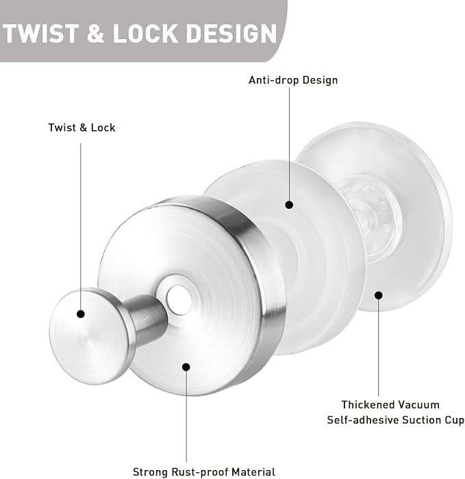 Suction Cup Hooks, Shower Hooks for Inside Shower, No-Drill Towel Hook Stainless Steel Waterproof Suction Hook for Wreaths, Loofah, Towel, Coat, Bath Robe (3, Brushed Nickel)