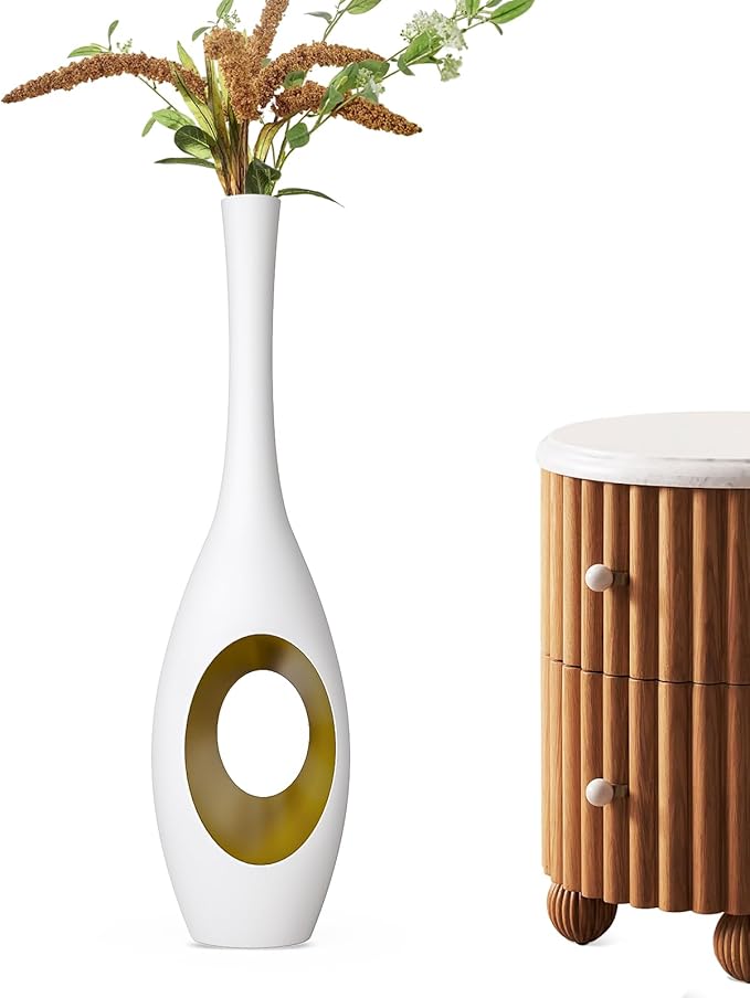 23.6 Inch White Vases – Modern Oval Floor Vase with Gold Cutouts & Slim Neck, Luxury Decorative Tall Vases for Living Room, Wedding, Office Decor – Resin Tall Floor Vase