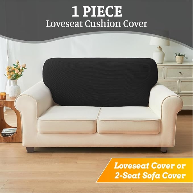 Sectional Couch Covers for Sofa Cushion L Shaped Couch Cover Washable Soft Couch Cushion Covers Stretch Sofa Slipcovers(1-Piece for Loveseat or Sofa 2-Seater, Black)