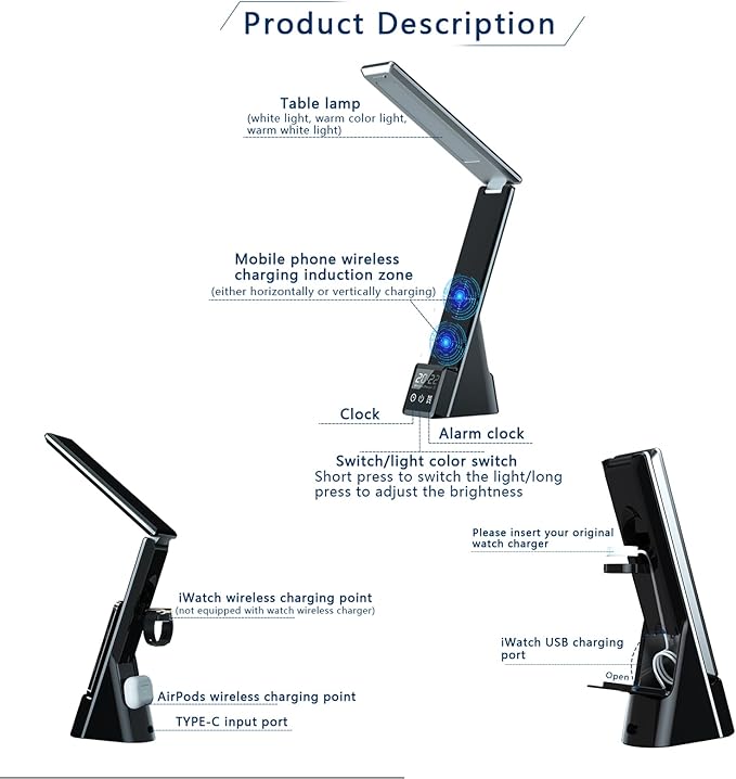 Multi-Functional Desk lamp with Wireless Charger N61 Black, Featuring Clock, Alarm, Adjustable Lighting, and Supporting All wirelessly Chargeable Phones, Watches, and Earphones.