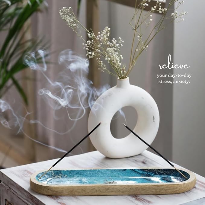 The Art Box Hand-Painted Incense Burner Holder Ocean Blue - 12x4x1 inch Wooden Long Incense Stick Tray Holder for Modern Gift, Ash Catcher Incense Stick Holder - Meditation & Yoga