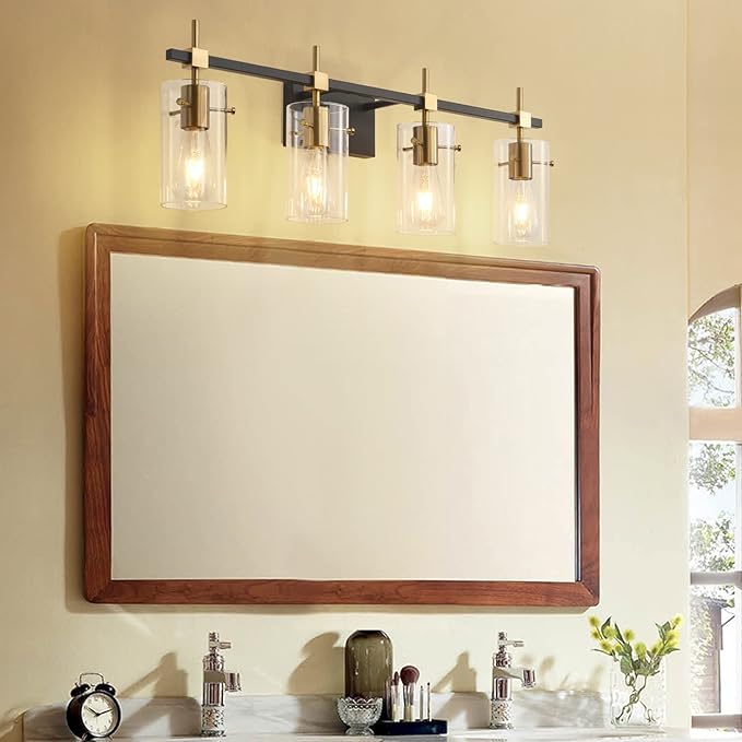 SOLFART Farmhouse Brass Bathroom Vanity Lights fixtures Over Mirror Vintage Bathroom Lighting Wall Sconce with Glass Shade 4 Lights