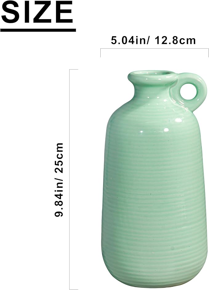 Sunddo Ceramic Flower Vase 10 Inch - Green Decorative Vases with Handle, Modern Vase for Home Decor, Mantel, Living Room, Bedroom, Table, Bedroom Decor