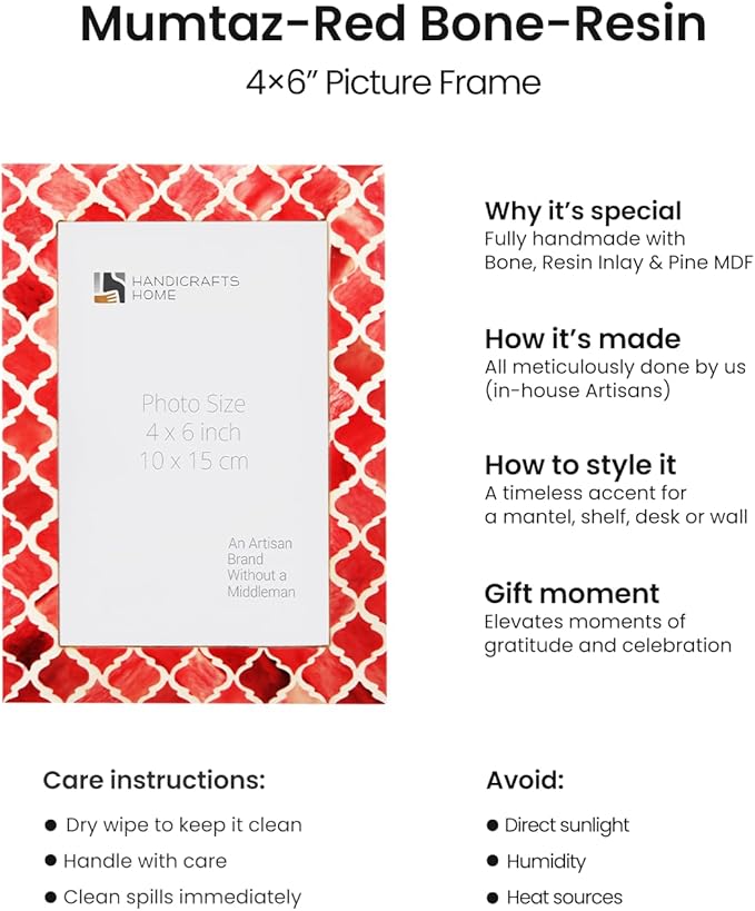 Handicrafts Home Handmade Decorative 4x6 Picture Frame | Unique Boho Chic Home Decor | Moroccan Art Inspired Red Photo Frame for Wall & Tabletop, Colorful Frames for Living Room, Office Decor & Gift