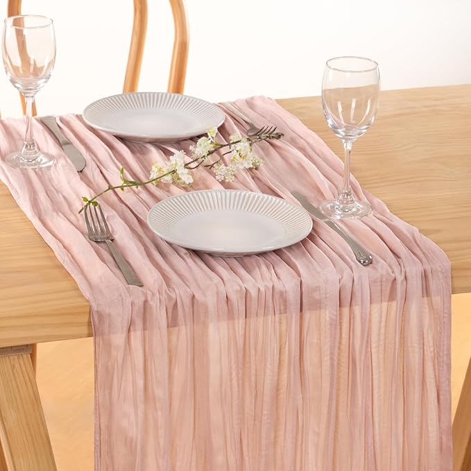 MLMC 12 Pack Dusty Pink Cheesecloth Valentines Table Runner 10ft Rustic Gauze Cheese Cloth Table Runner Bulk 35x120 Inches for Romantic Wedding Bridal Baby Shower Anniversary Party Decor