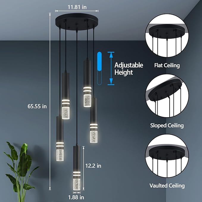 Pendant Lights Kitchen Island, Crystal Pendant Light Fixtures Mini 30W LED Modern Kitchen Pendant Lighting Over Sink and Living Room and Bedroom (Black 5 Light)