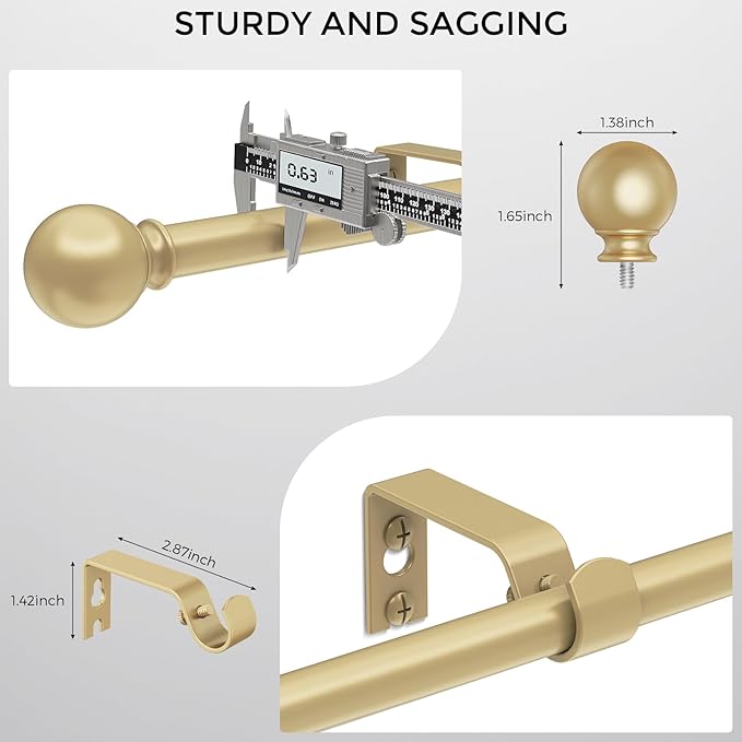 Gold Curtain Rods, Curtain Pole for Window 36 to 88 Inch(3-7 Feet), 5/8 Inch Decorative Drapery Pole, Gold Splicing Curtain Rod Set, Size: 36"-88", Brass Gold