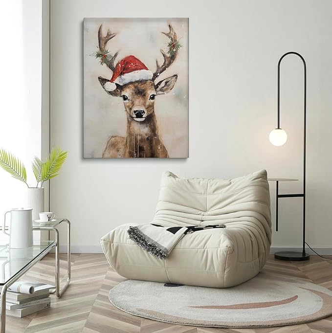 Christmas Reindeer Wall Art-Reindeer In Santa Hat Poster,Deer Painting,Christmas Reindeer Poster, Reindeer Still Life Painting, Vintage Holiday Art, Winter Farmhouse Decor24x36inch Unframed
